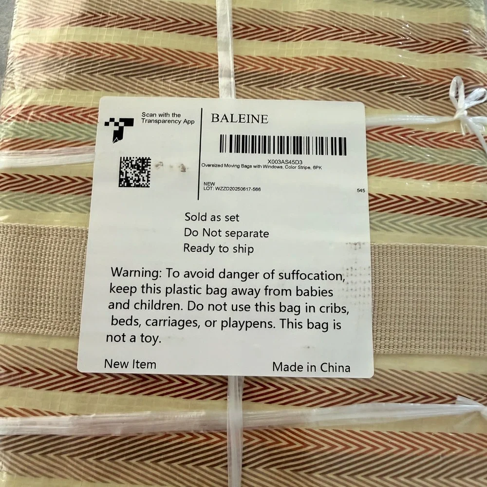 BALEINE 6 Pack Extra Large Moving Bags with Windows Color Stripe Heavy Duty Tote